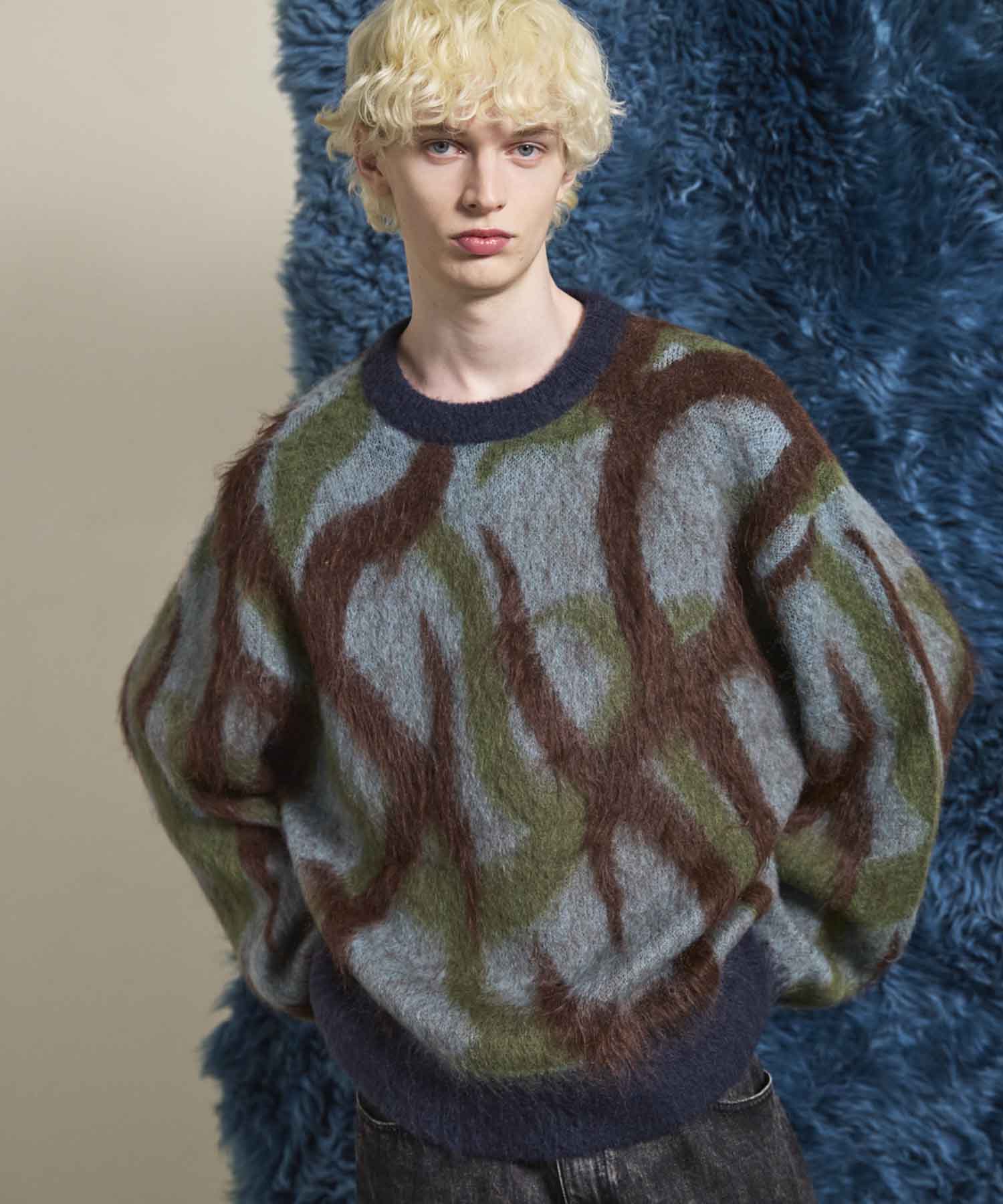 Tribal Pattern Mohair Shaggy Prime-Over Knit Pullover