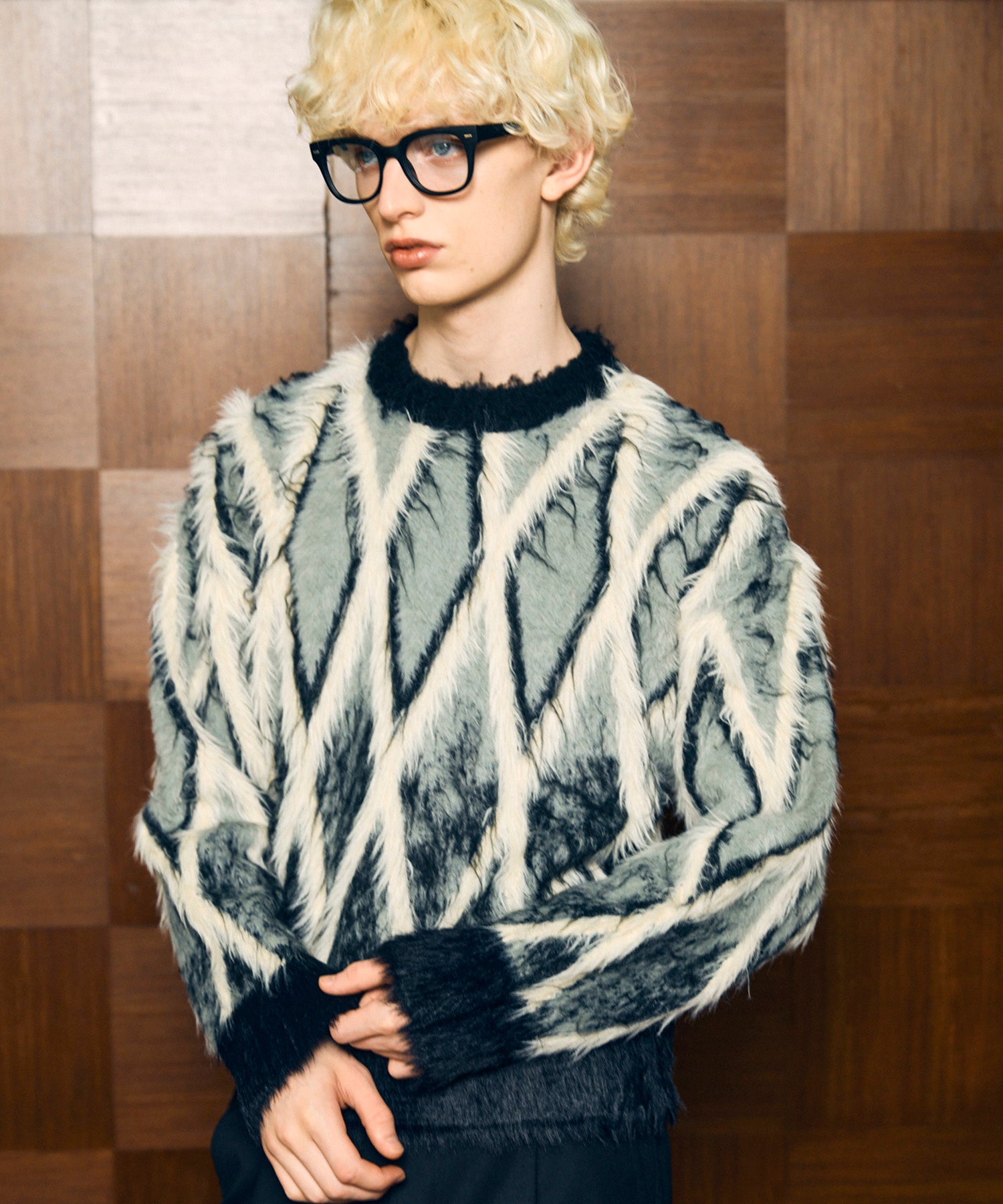 7G Shaggy Jacquard Diamond Pattern Argyle Prime-Over Crew Neck Knit Pu