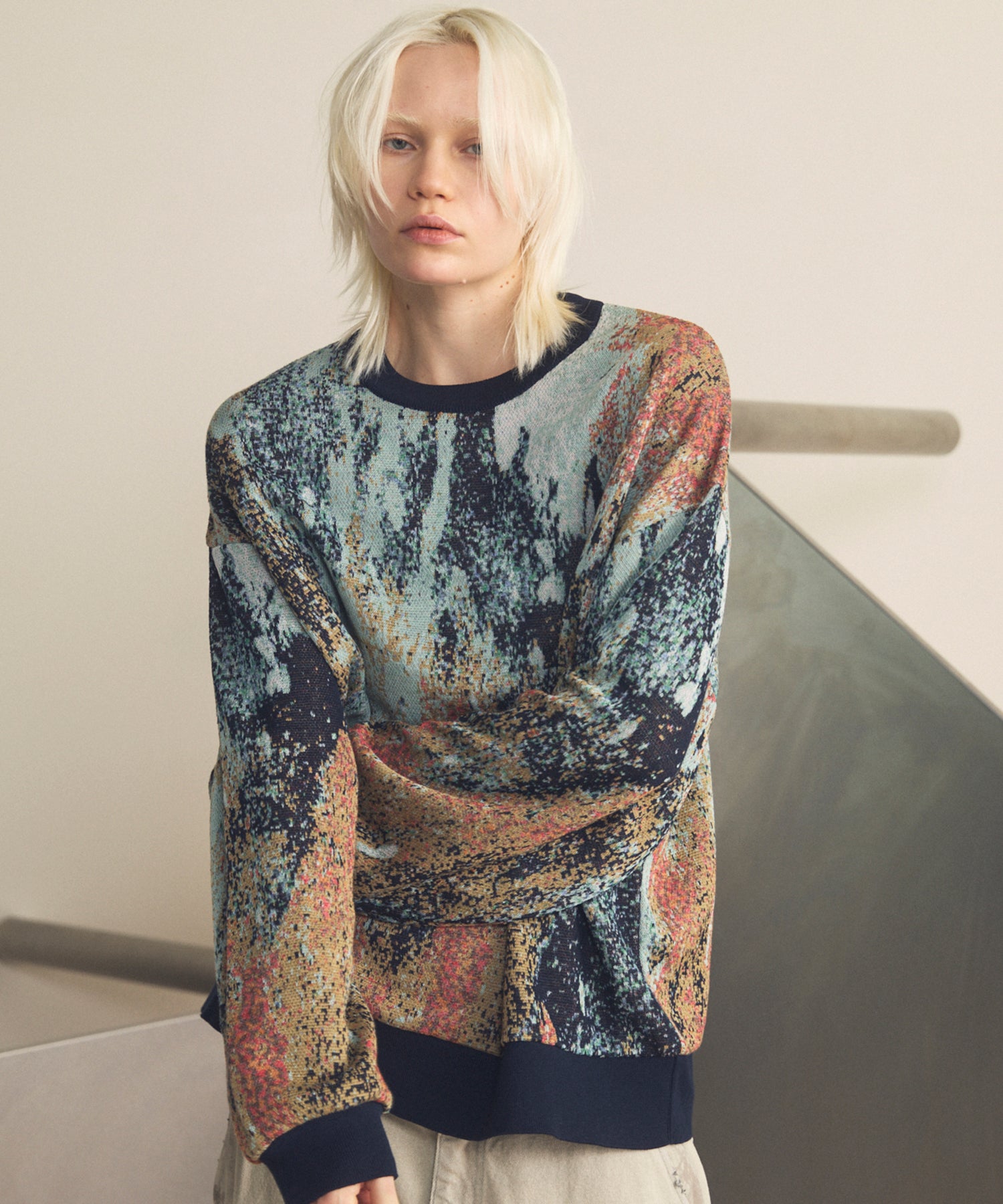 Abstract Jacquard Prime-Over Crew Neck Knit Pullover