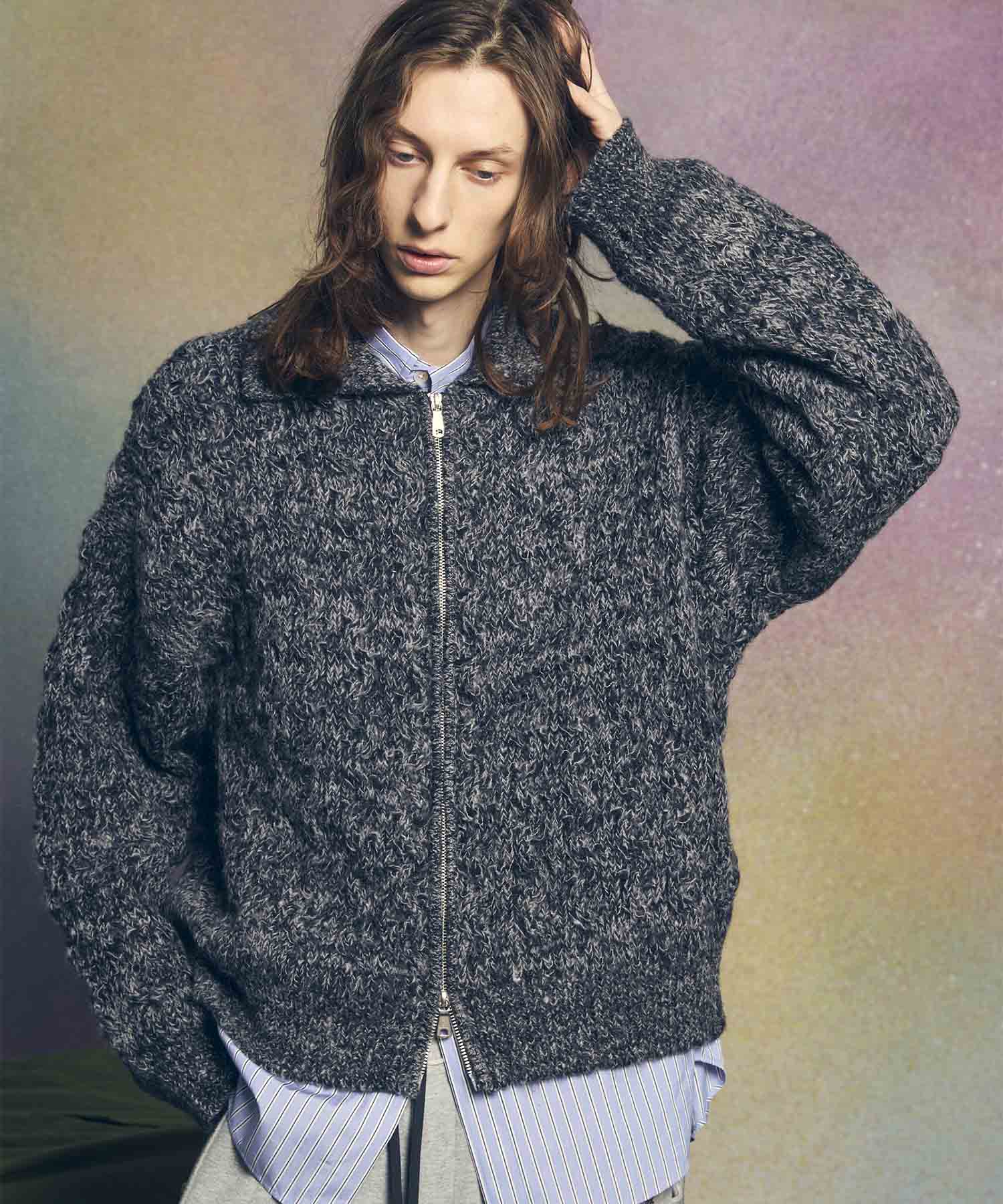 Prime-Over Mohair Mixed Plating Cable Knit Zip Blouson