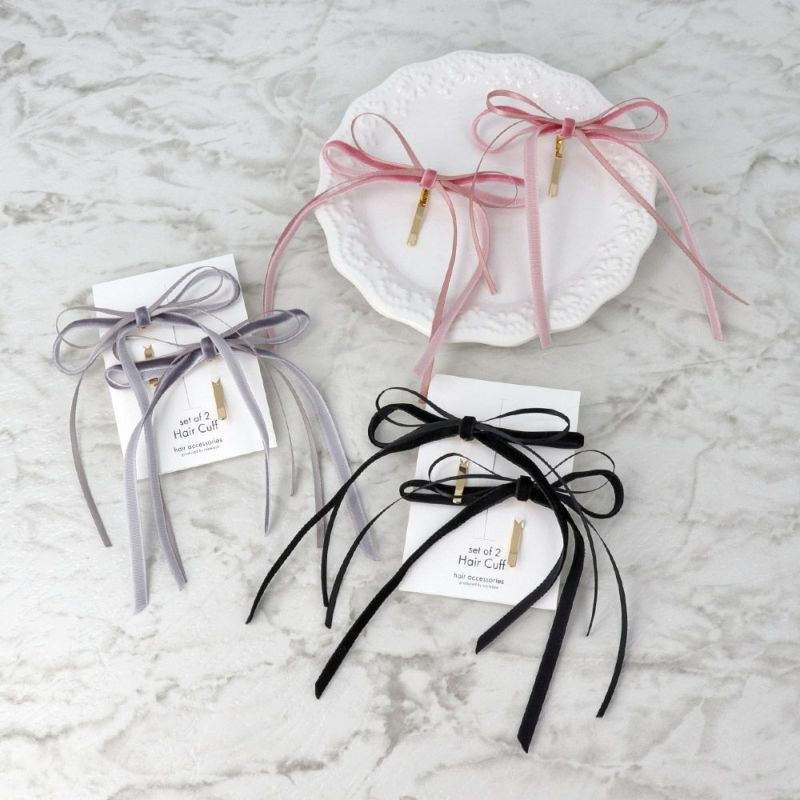 ヘアカフ スリム ベロア風 ダブル リボン 2個セット ヘアポニー ポニー