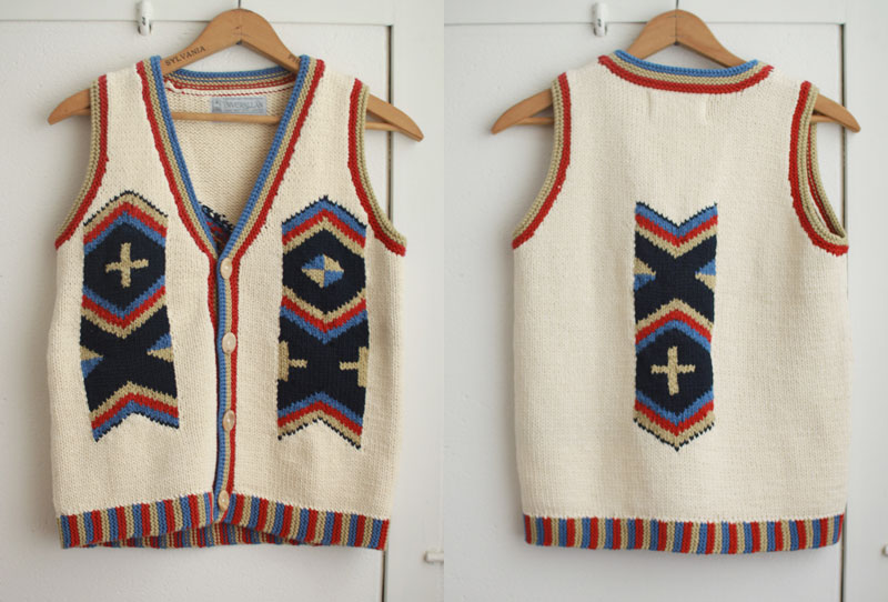 コットンニットベスト/ネイティブアメリカン柄 インバーアラン