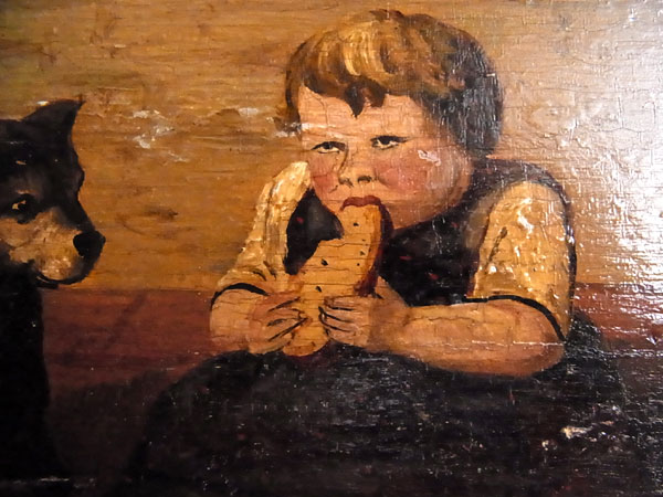 1860年代頃ベルギー・油絵・板絵・犬と少女・w27cm