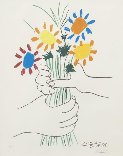 パブロ・ピカソ 直筆サイン 限定200部 リトグラフ《花を持つ手》