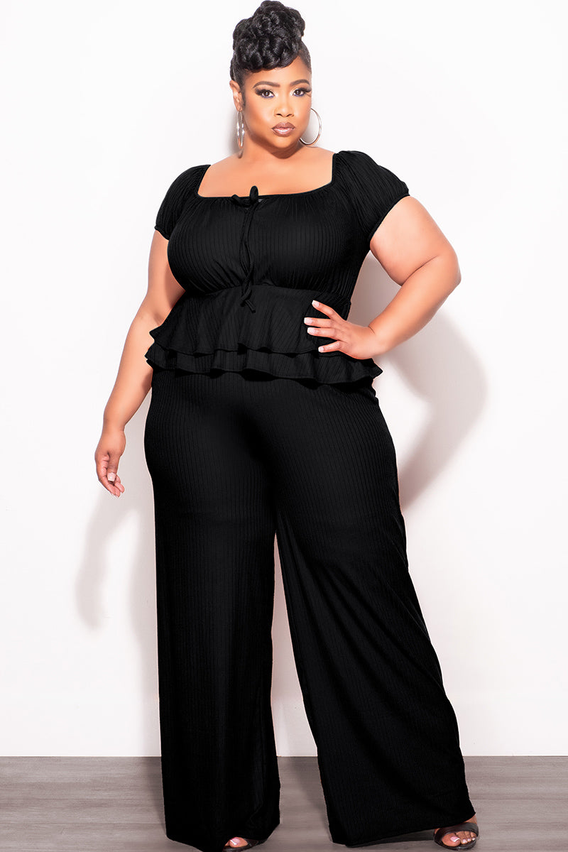Final Sale Plus Size 2pc Ribbed Peplum Top and Pants Set in Black