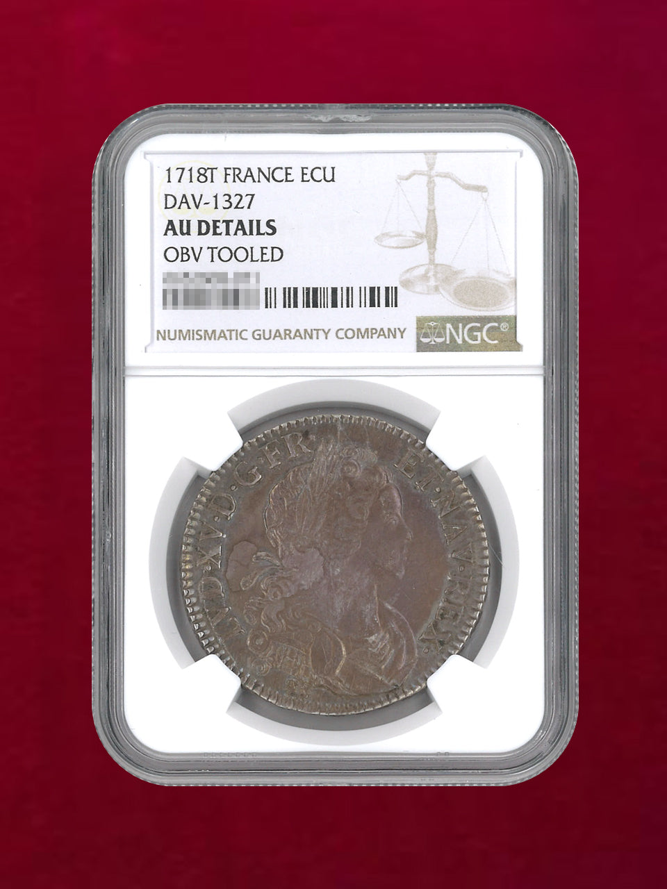 フランス】エキュ 銀貨 1718T NGC AU DETAILS OBV TOOLED［B-0000123