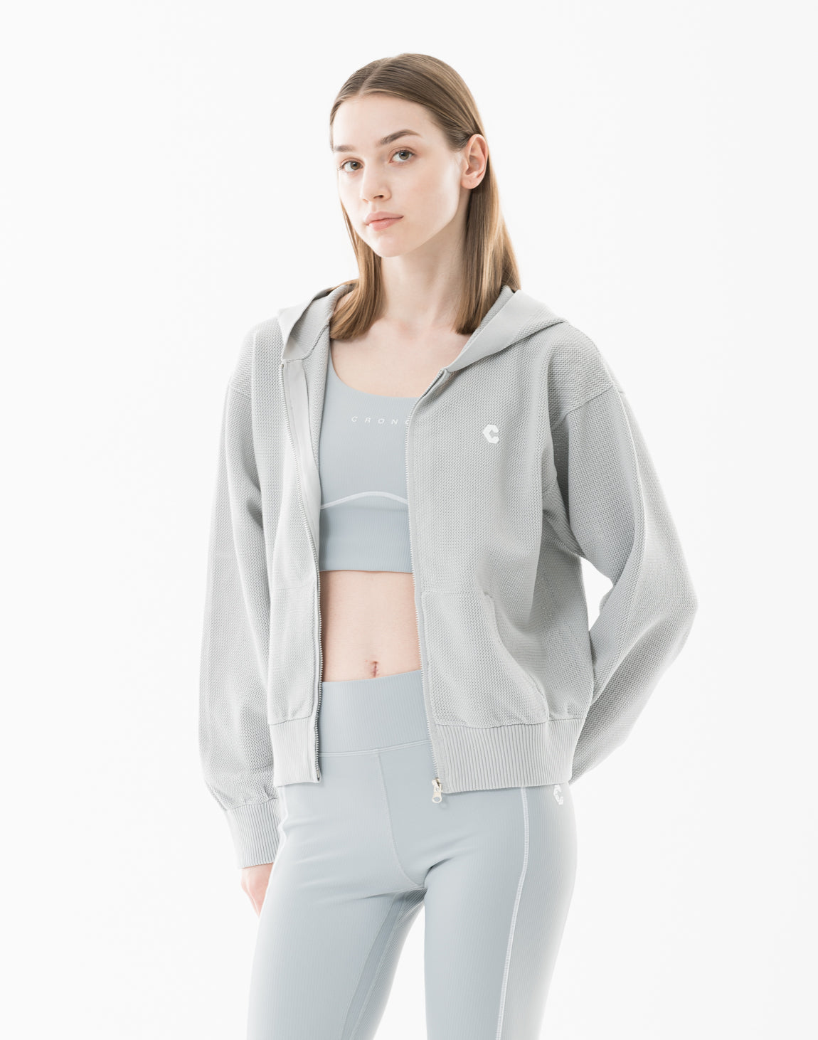 CRONOS WOMEN Summer Mesh Knit Zip Hoodie【GRAY】