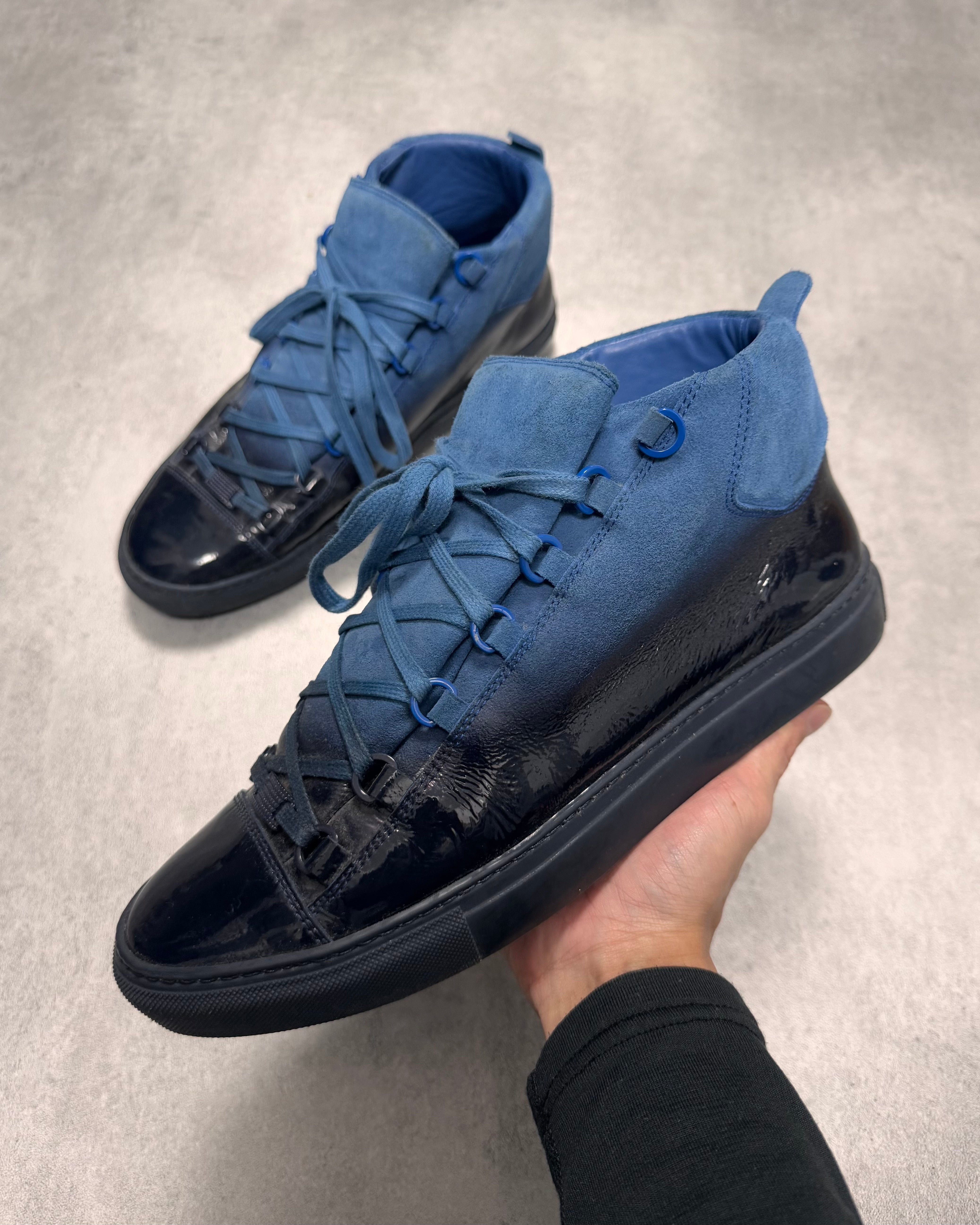 Balenciaga Arena High Hybrid Varnished Black on Blue Suede Leather