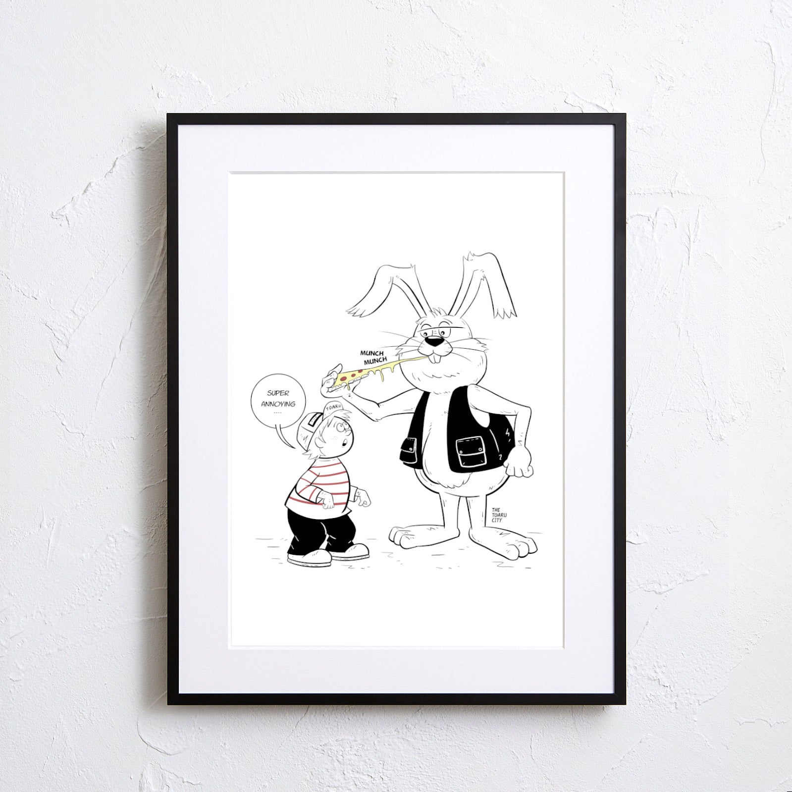 ウサギと子供とのやりとりがユーモア溢れるモノクロアートポスター「う