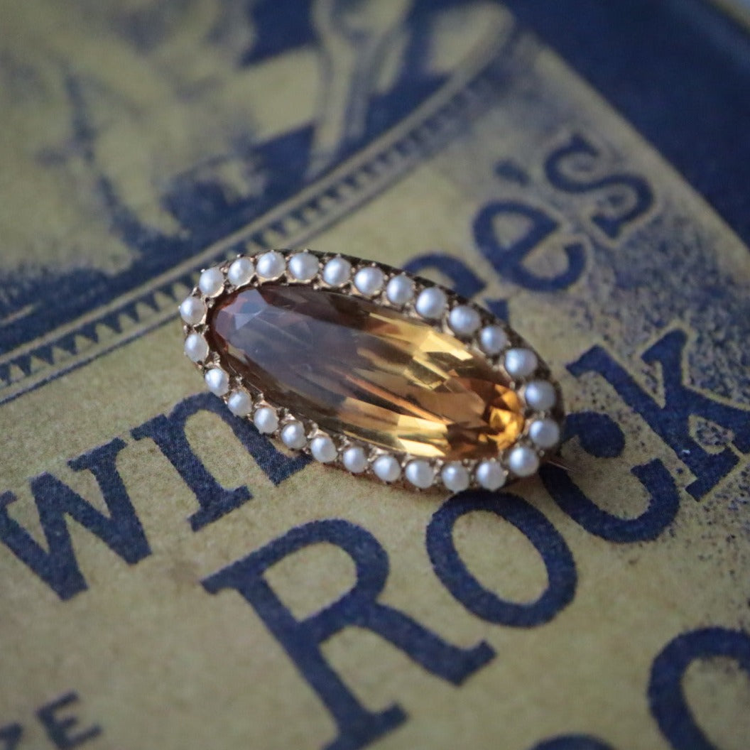 ヴィクトリアンブローチ マーキスカットシトリン＋シードパール