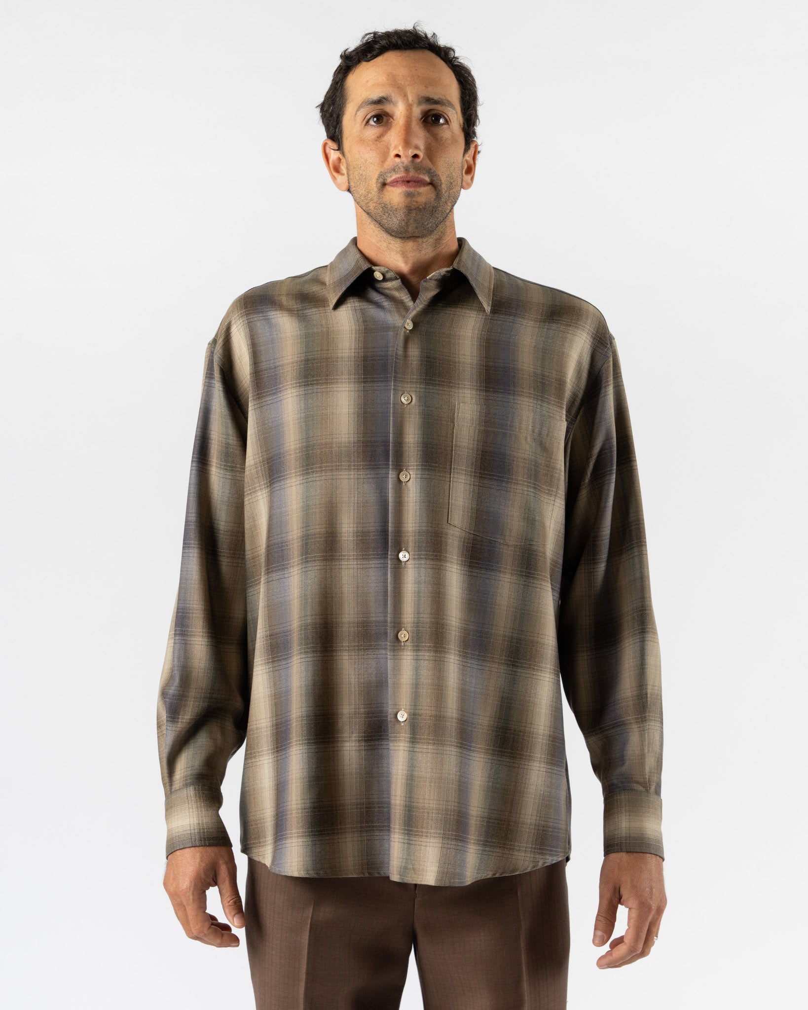 Auralee Super Light Wool Check Shirt in Brown Blue Check Curated