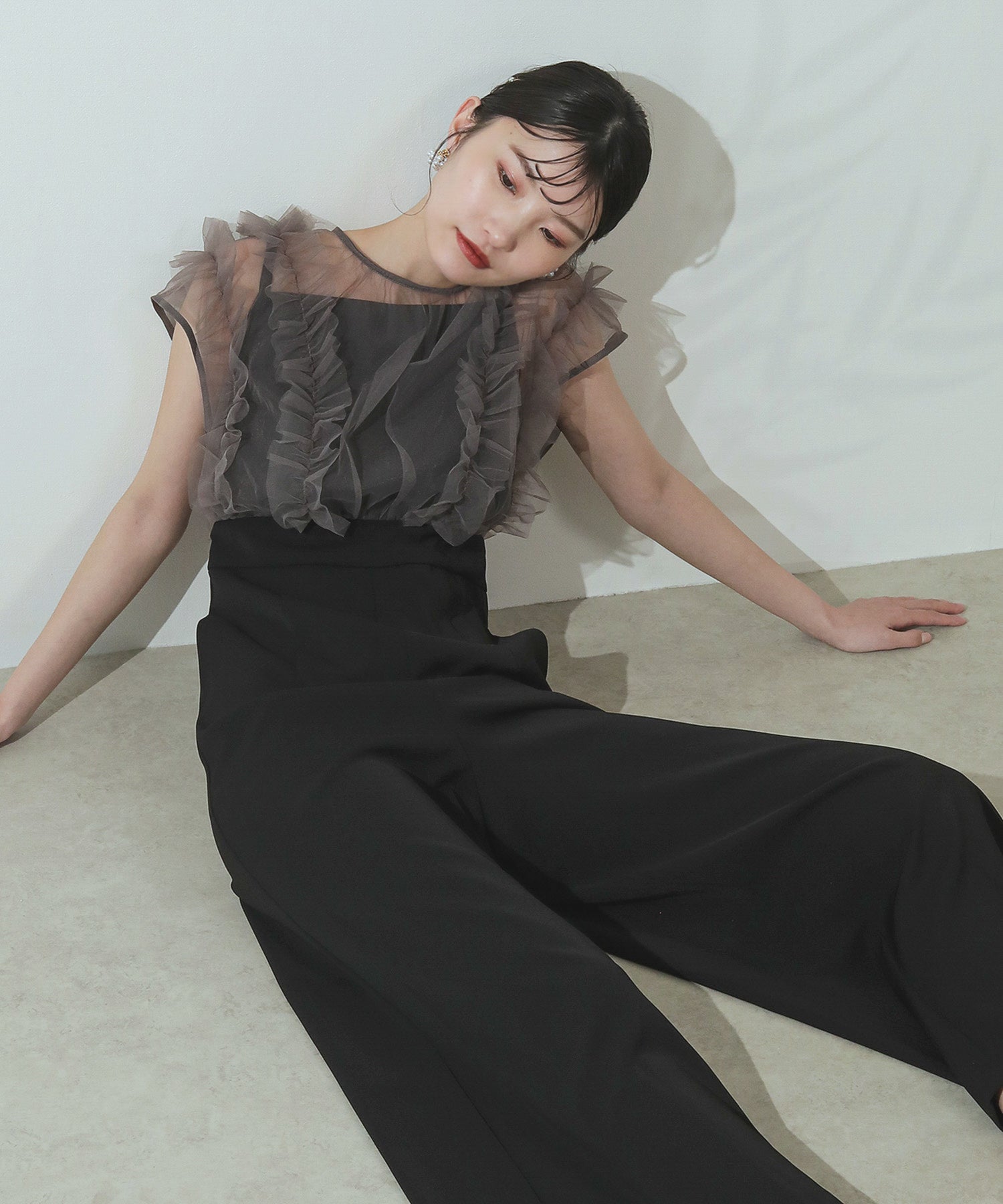 ボリューム ギャザー フリル ハイウエスト パンツドレス 結婚式