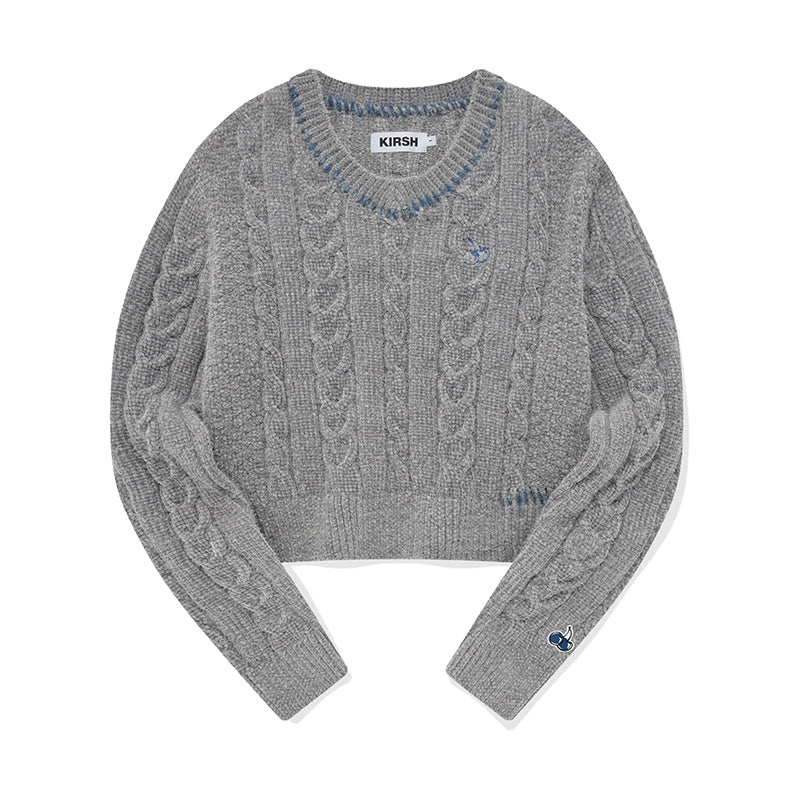 チェリーVネッククロップケーブルニット【メランジグレー】