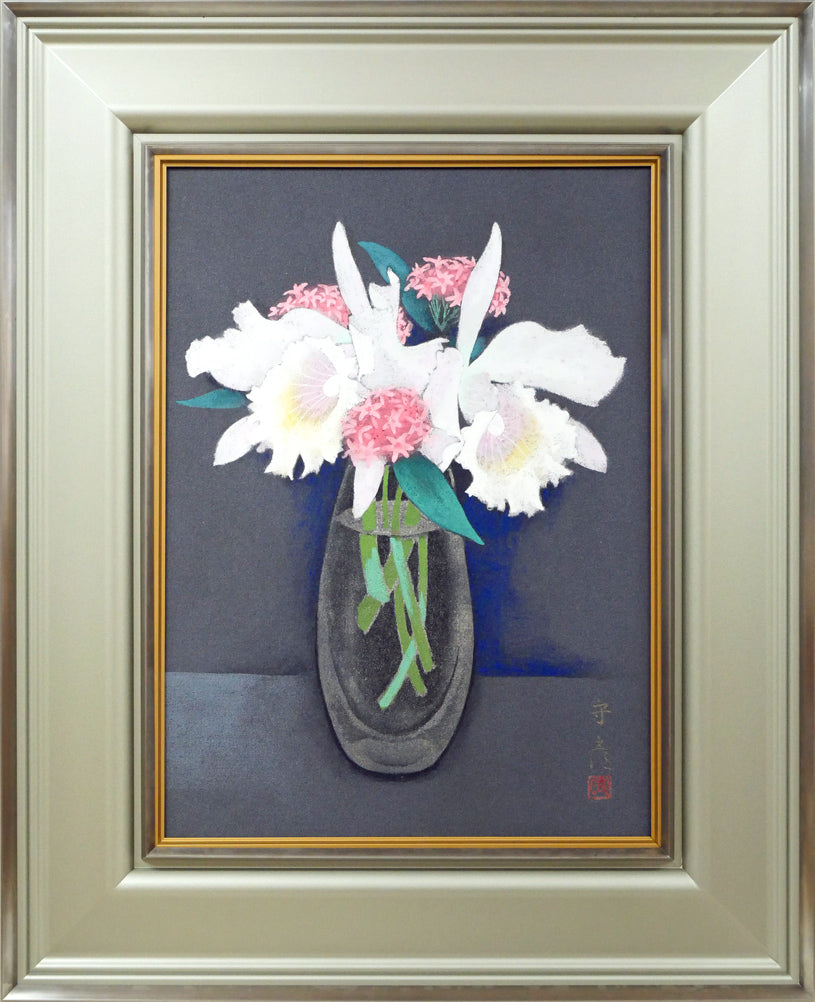 今井守彦「瓶花（カトレヤ）」日本画・P8号 絵画買取・販売の小竹美術