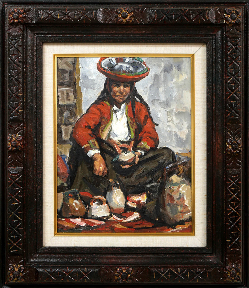 木村捷司「壺を売る女（ペルー・ピサクにて）」油絵・F6号 絵画買取