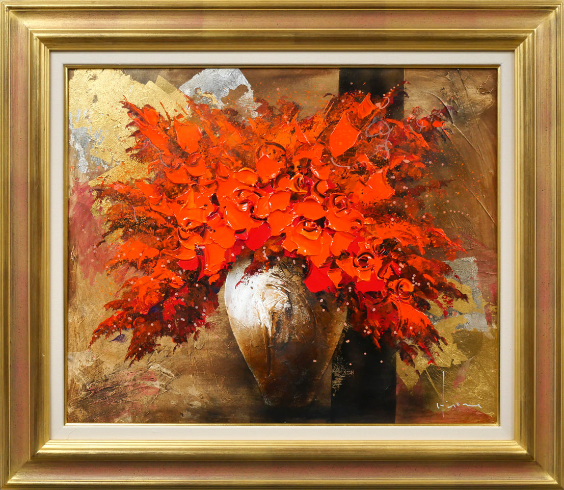 立川広己「赤い盛り花」油絵・F12号 絵画買取・販売の小竹美術