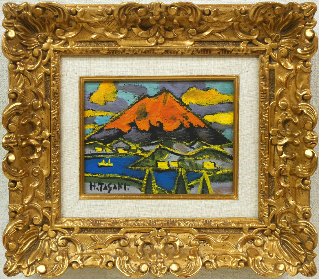 72*Z320)*絵画 陶板 陶磁器 磁彩画 桜島 広助 油絵 k.m 油絵 72*Z320