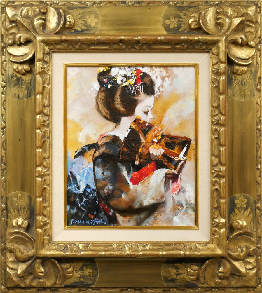 鶴岡義雄「鼓（舞妓）」油絵・F3号 絵画買取・販売の小竹美術