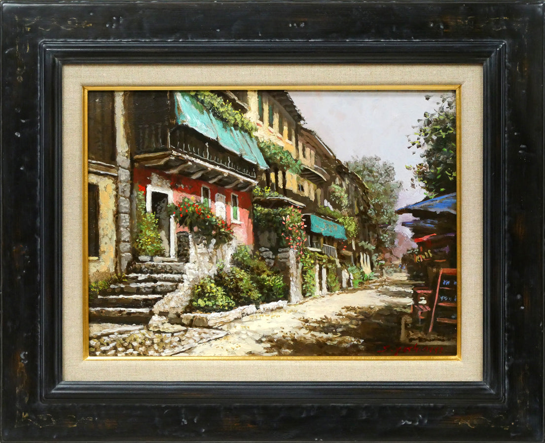 吉本哲「湖畔の小道（イタリア マッジョーレ湖 ペスカトーリ島）」油絵