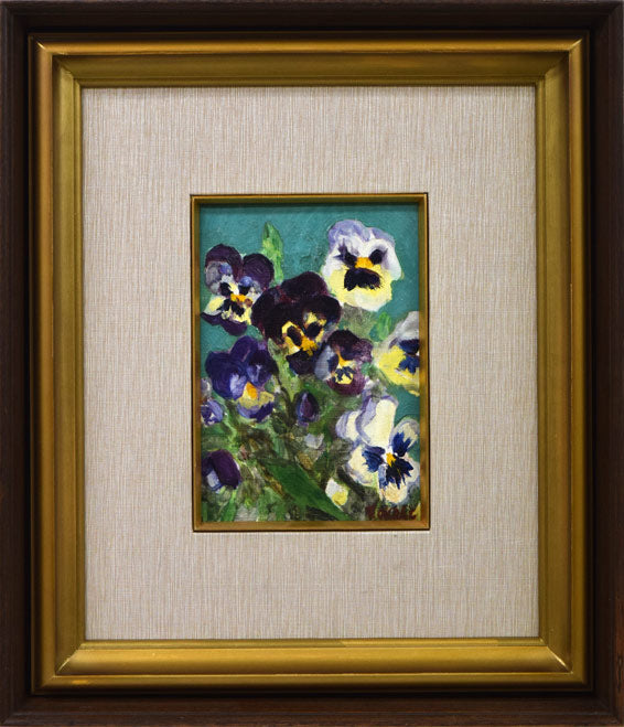 岡部文之助「パンジー」油絵・変形サイズ（20.4×14cm） 絵画買取・販売