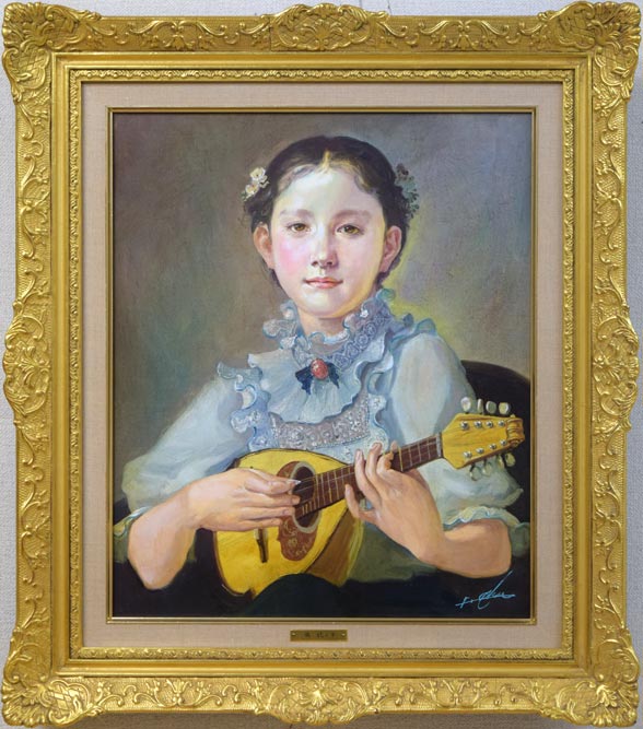 奥龍之介「マンドリンの少女」油絵・F8号 絵画買取・販売の小竹美術