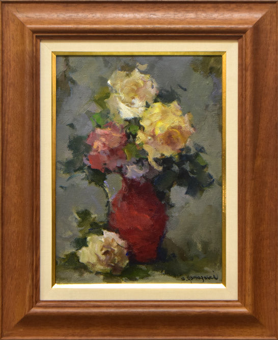 山崎翠祥「薔薇（木製額）」油絵・F4号 絵画買取・販売の小竹美術