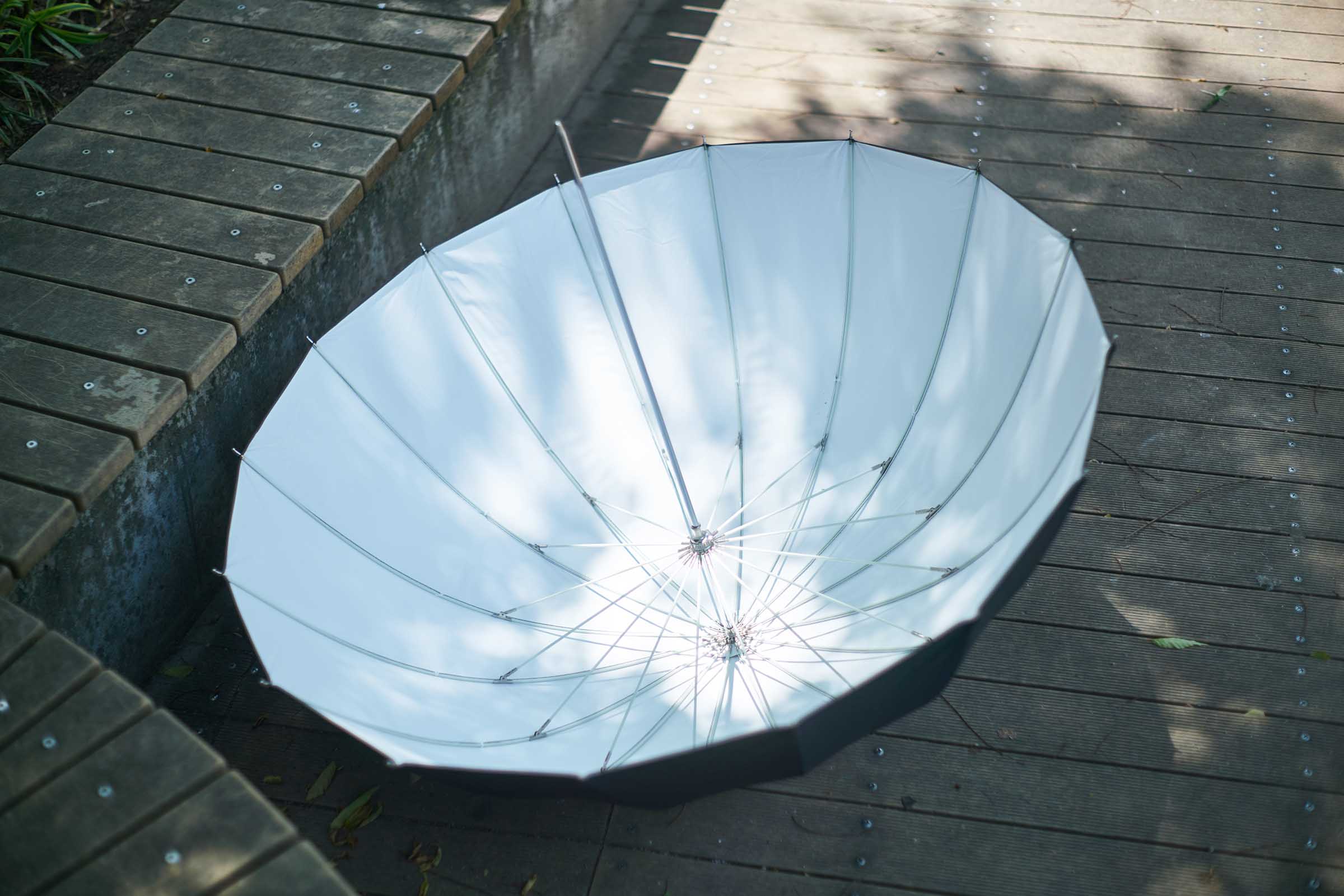 新緑の木漏れ日の中の「天使のアンブレラ Silky-WHITE-100【type DOME