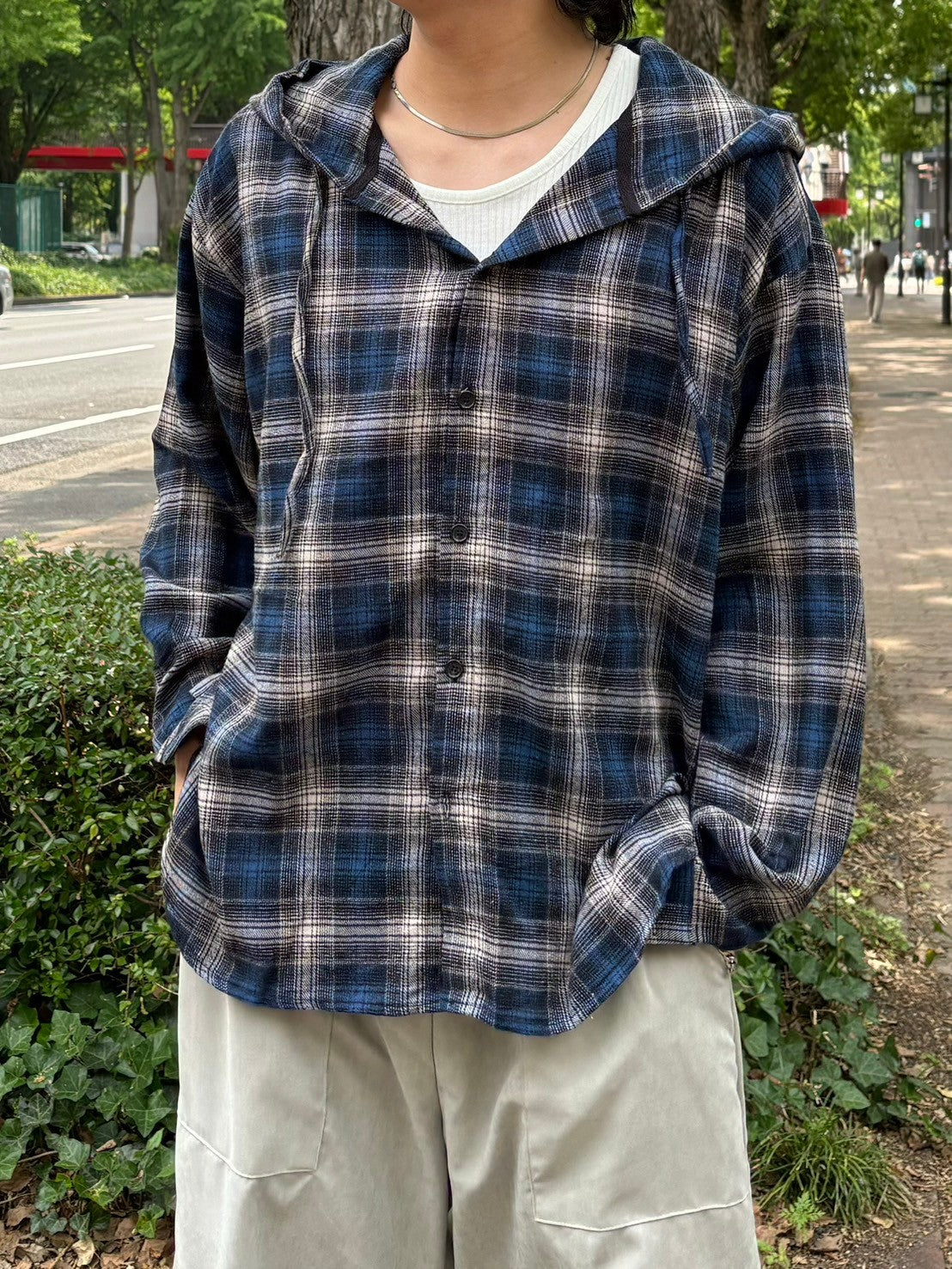 受注制【Chikashitsu +】glen check hooded shirt (2color