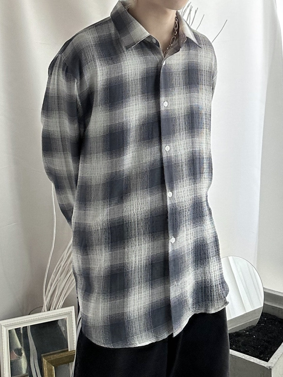 大阪店WEB限定受注制【Chikashitsu +】over fit shadow check shirt
