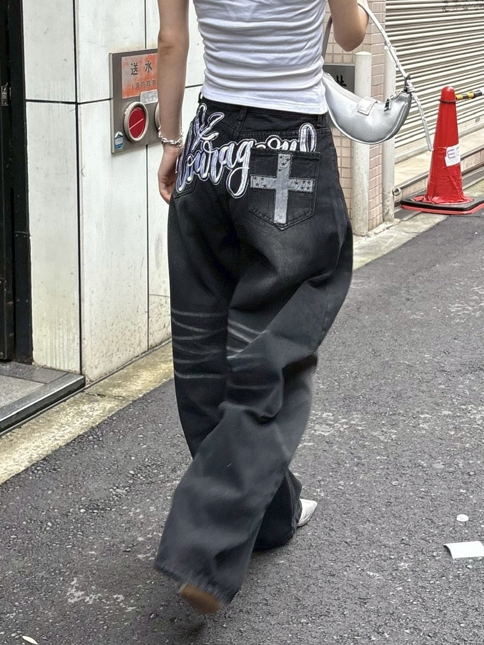 受注制【Never mind the XU】back print wide denim pants / 【ネバー