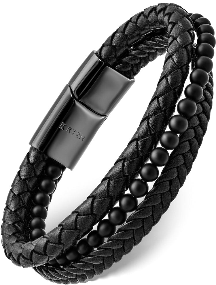 Black Onyx Stackable Leather Bracelet | Beaded Bracelet