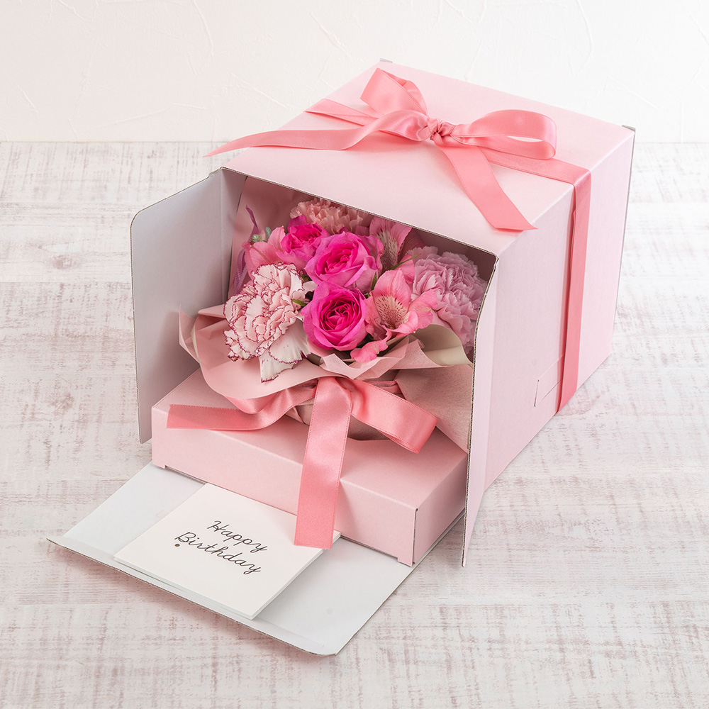 アレンジメント「バースデーメロディケーキ」（ピンク）【沖縄届不可