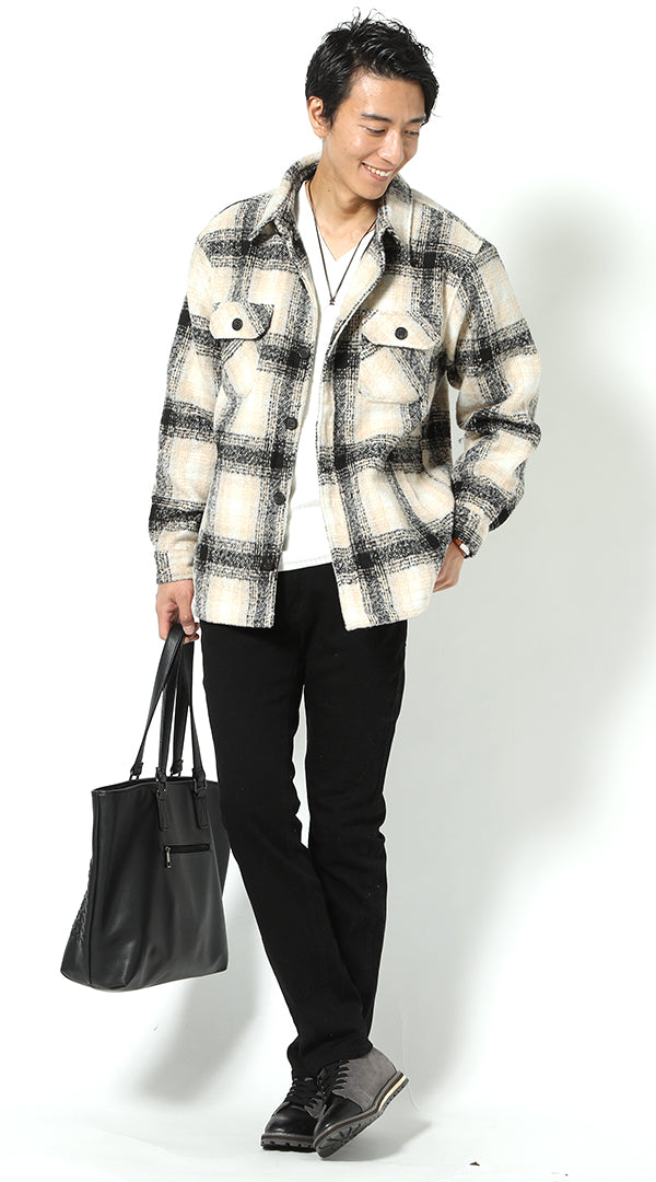 黒チェックシャツジャケット 白長袖Tシャツ 黒パンツ snp_id0111の