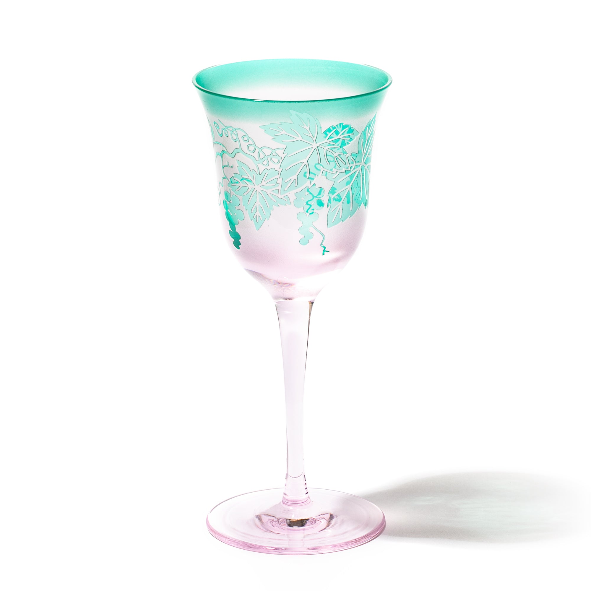 彫刻 夢柄子 ぶどう紋 ワイングラス ピンク/グリーン ｜江戸切子グラス