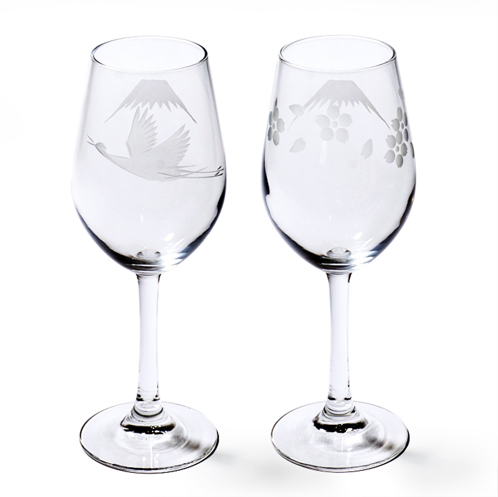 江戸切子 富士山に鶴・桜 ワイングラスペア 透き ｜江戸切子グラスなら