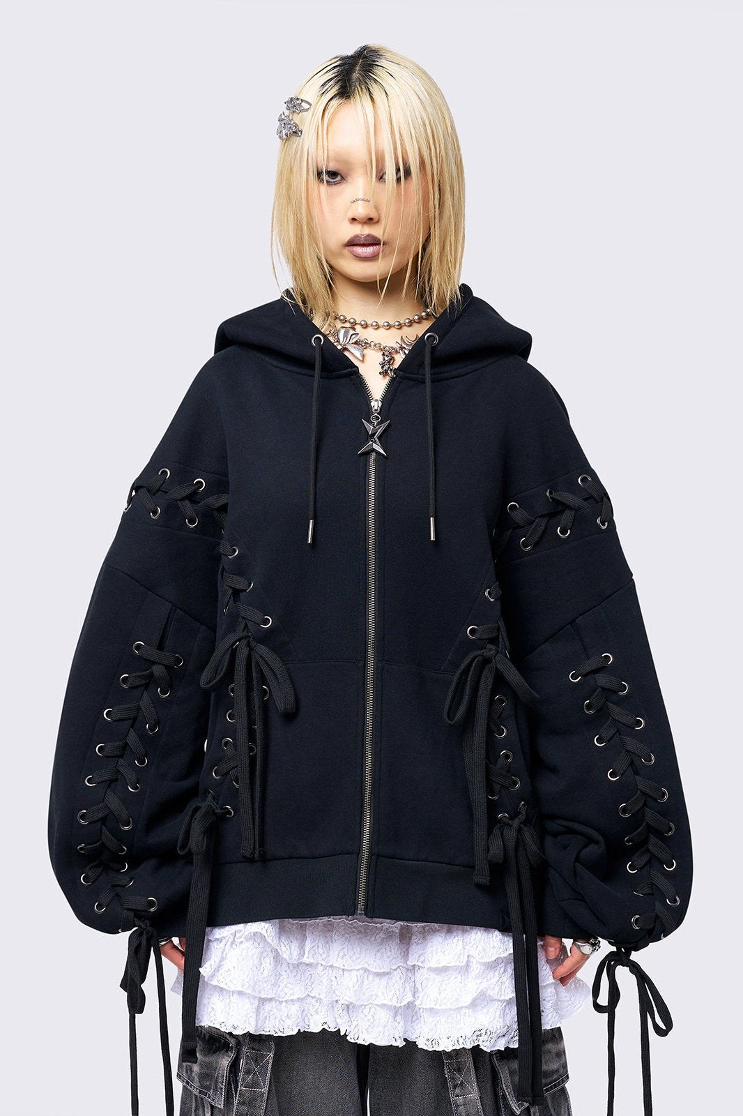 Black Oversized Zip Up Hoodie with Lace Up Details | Minga London