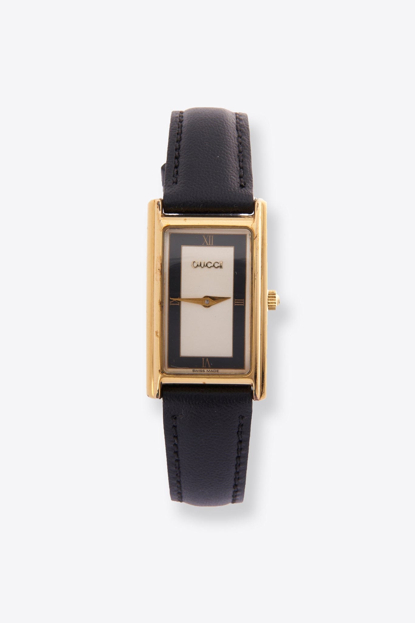 Vintage Gucci Gold Plated Watch with a Black Leather Strap – The Hosta