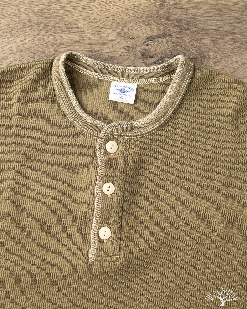 The Flat Head - FN-THLH-004 - Waffle Knit Henley Thermal - Olive