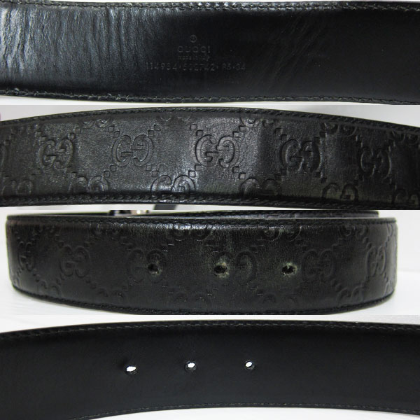 GUCCI グッチシマ レザー ベルト GG柄 黒 ブラック 革 114984 シルバー
