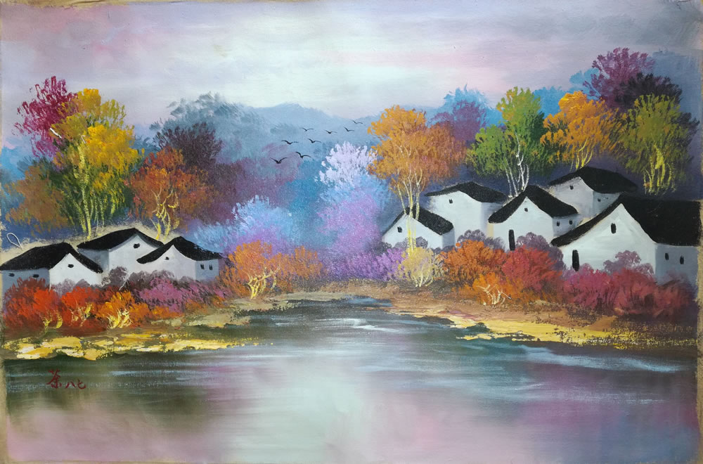 吴冠中充满诗意的油画《秋色江南》，美术馆级经典之作！-名人字画网