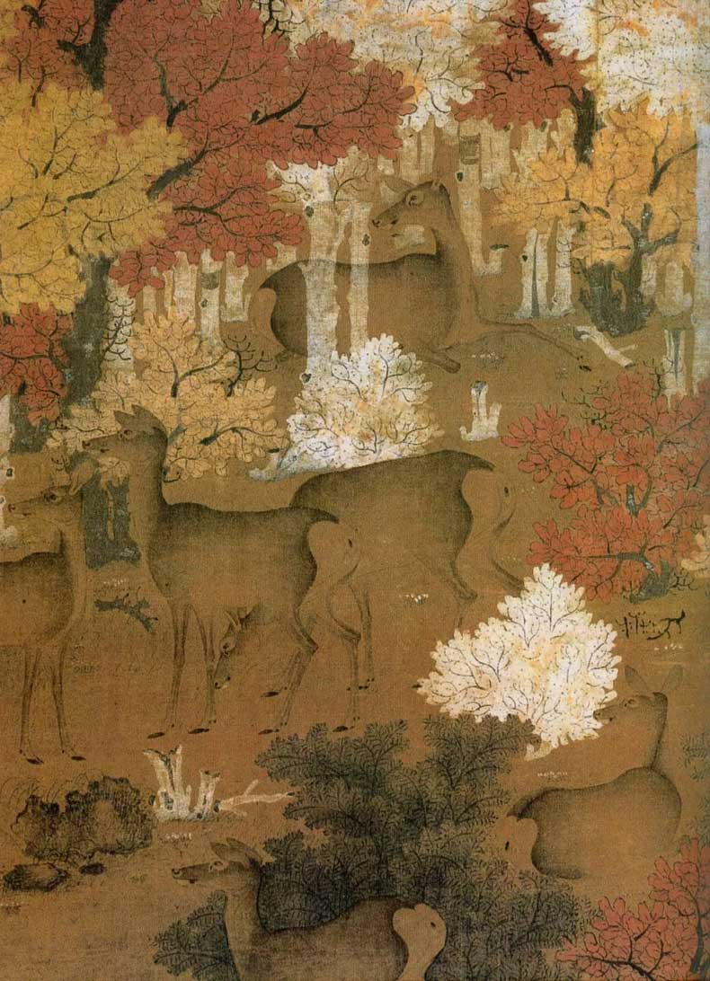 辽画经典《秋林群鹿图》和《丹枫呦鹿图》，绚烂之极-名人字画网