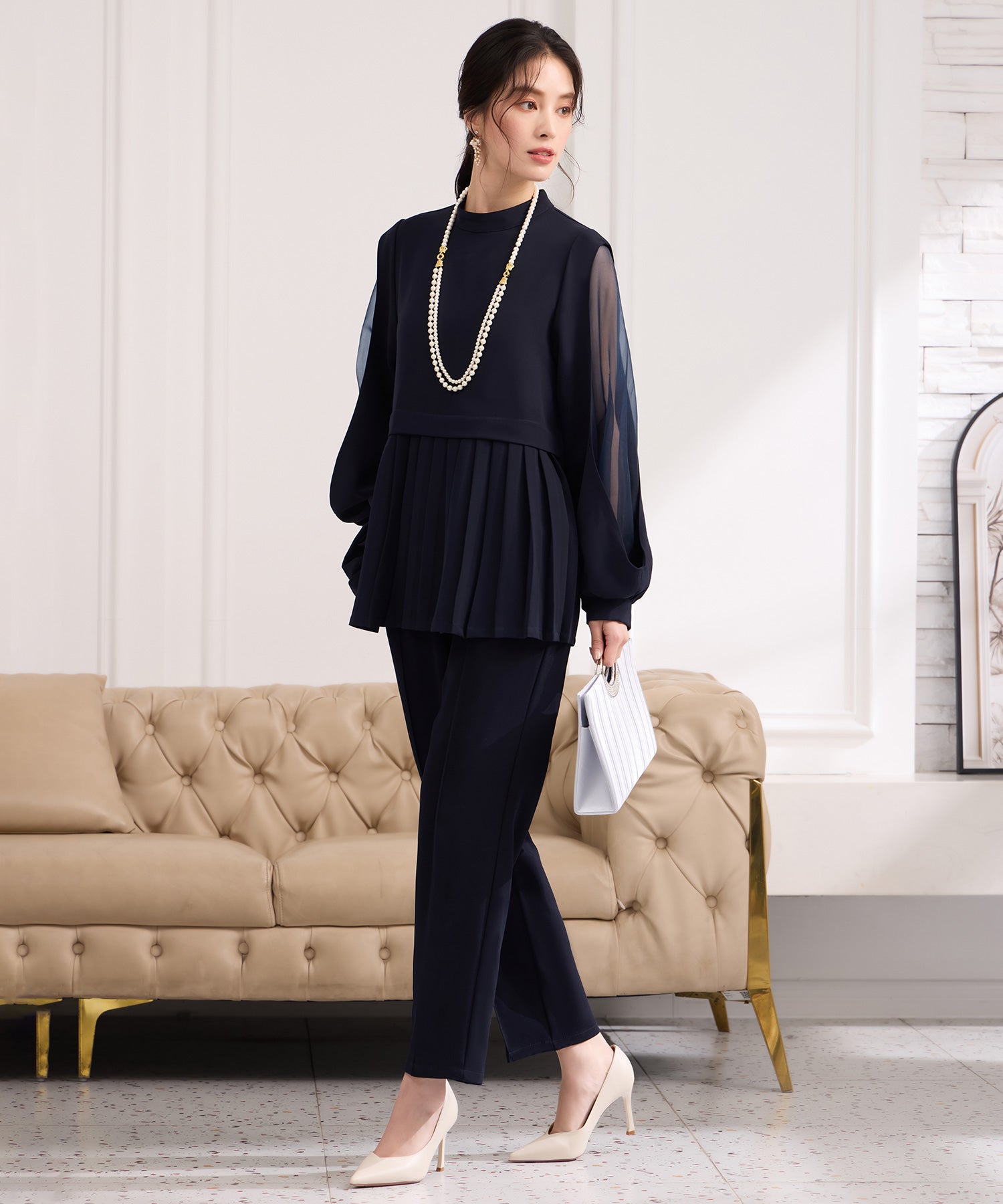 プリーツ切り替え セットアップ パンツドレスcy88633 ネイビー – [公式