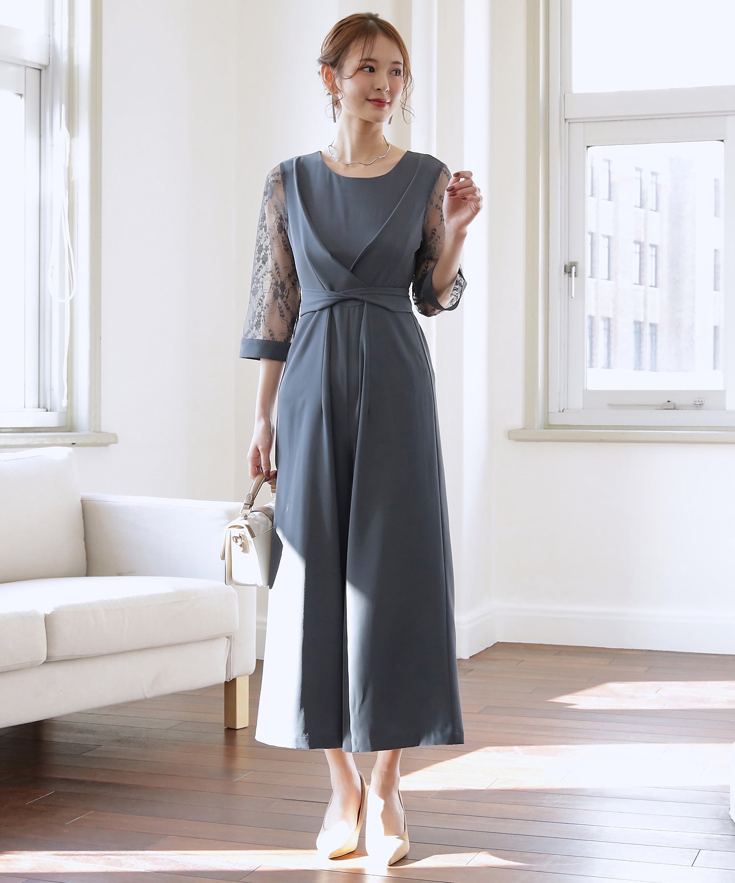 パーティー 結婚式 ジャンプスーツ パンツドレス レース袖