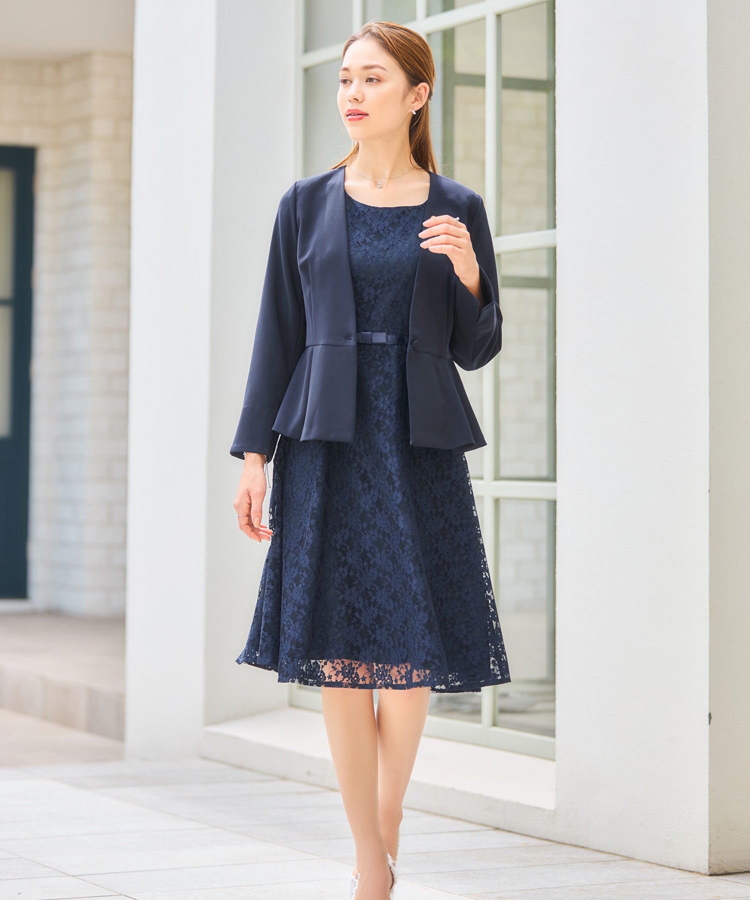 ワンピーススーツ セットアップ ノーカラージャケット ネイビー
