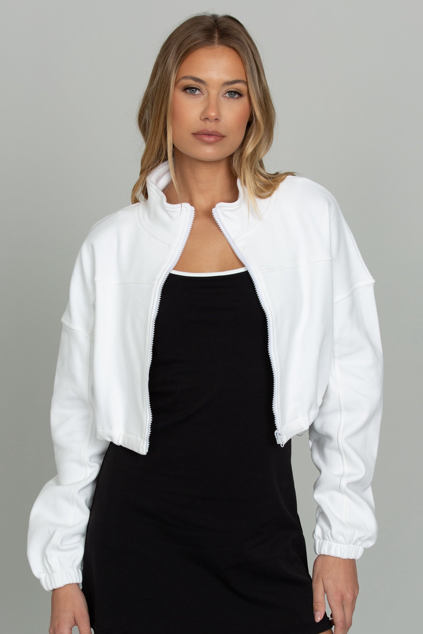 White Cinched Zip-Up Jacket – Gold Hinge