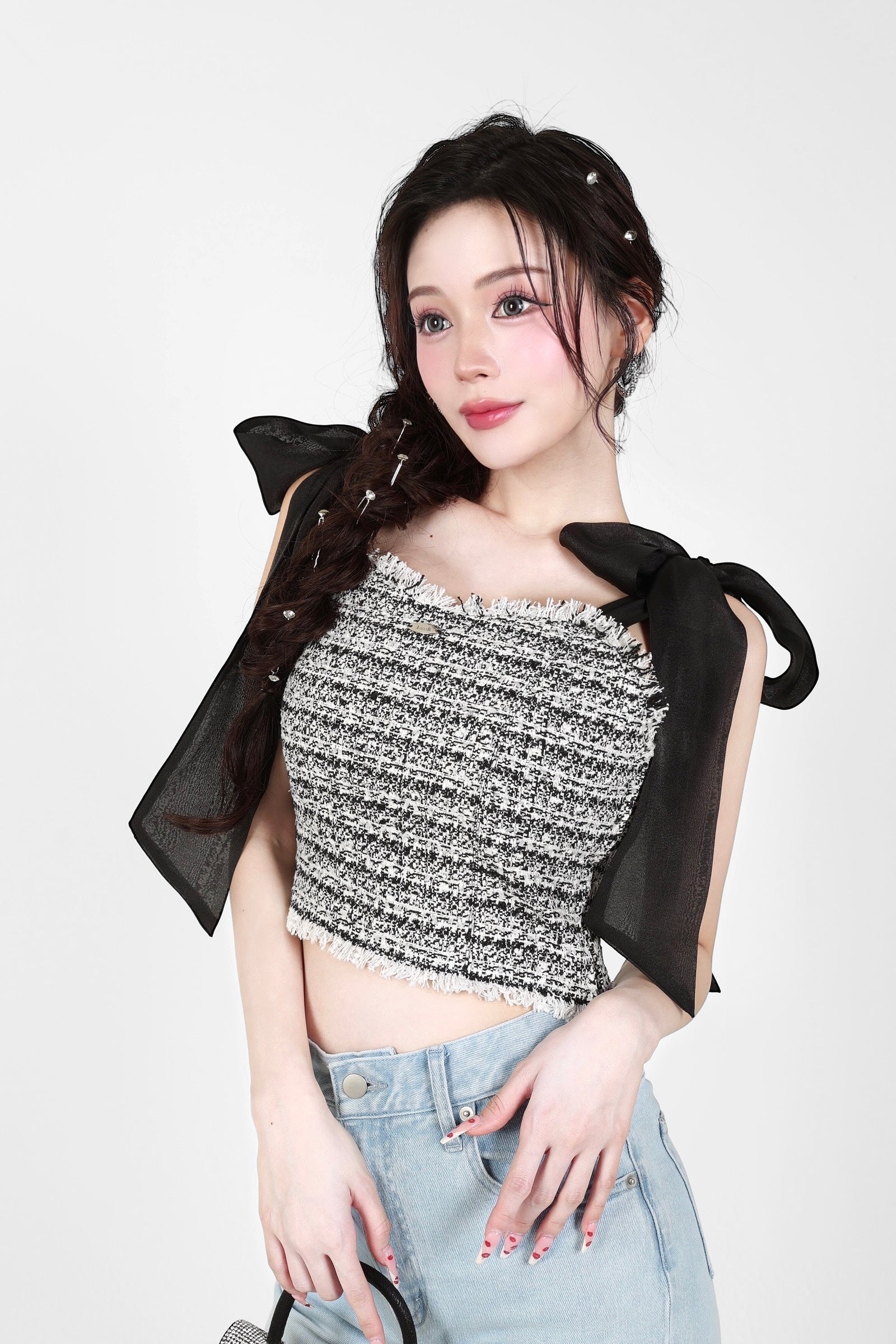 shoulder ribbon tweed tops｜ショルダーリボンツイードトップス – Lazzli.