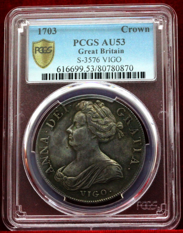 イギリス 1703年クラウン銀貨 アン女王VIGO AU53【アンティークコイン