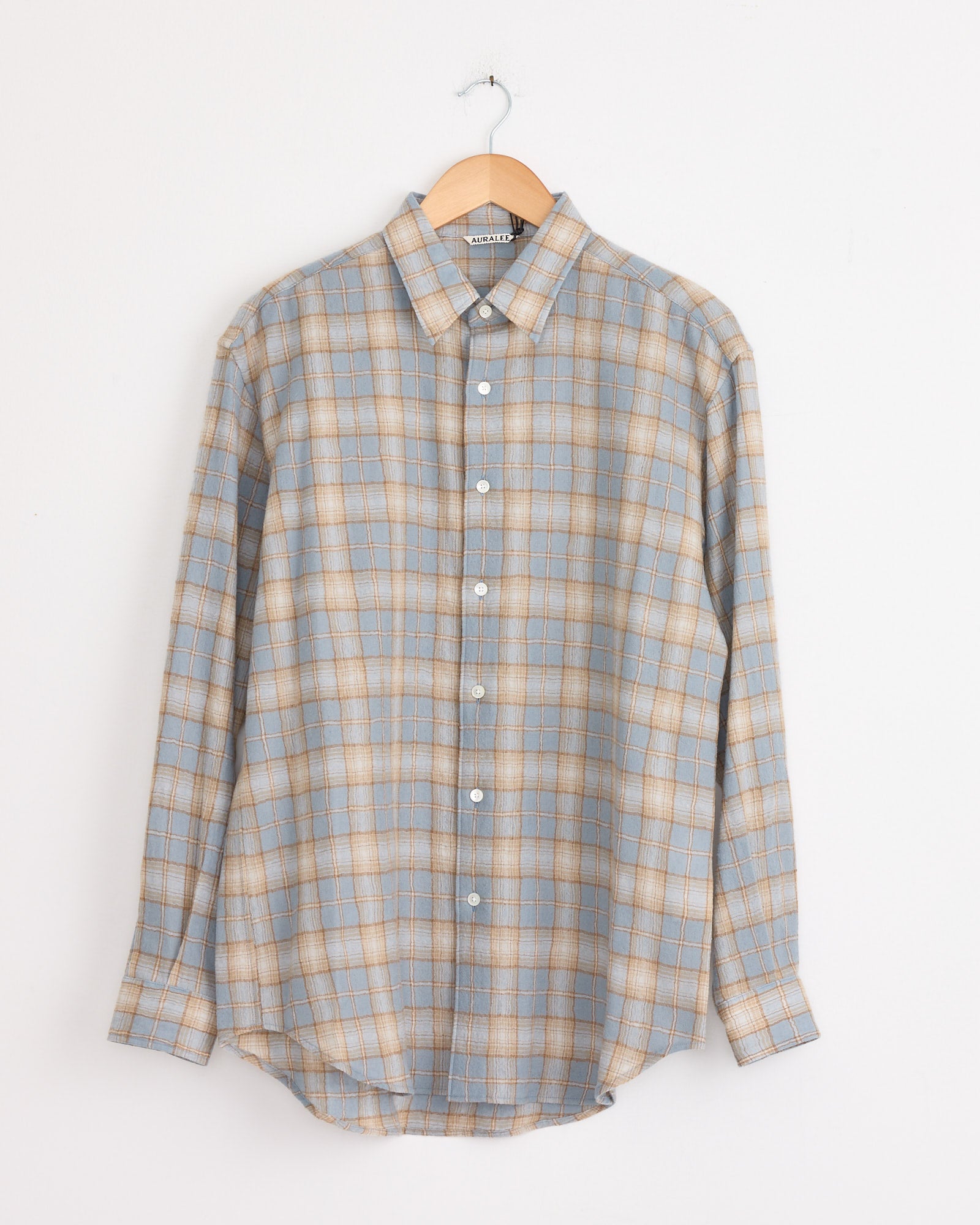 Airy Wool Check Shirt in Light Blue/Beige