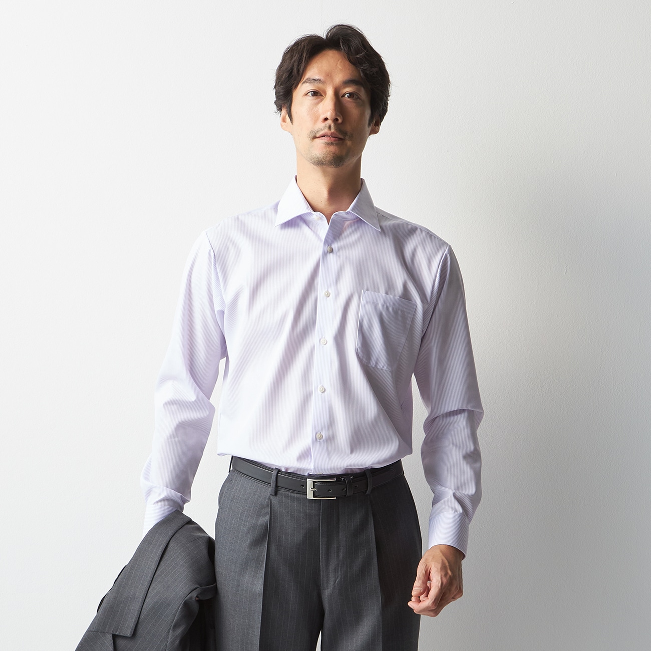 スーパーノンアイロンコットンシャツ ワイドカラー ストライプ