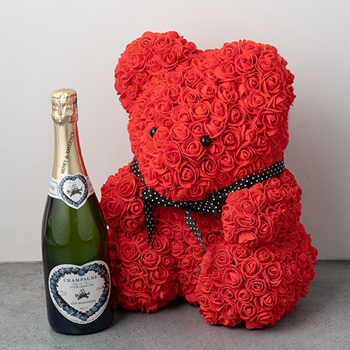 幸せを呼ぶローズテディベアとシャンパンセット – パティスリーフラワー